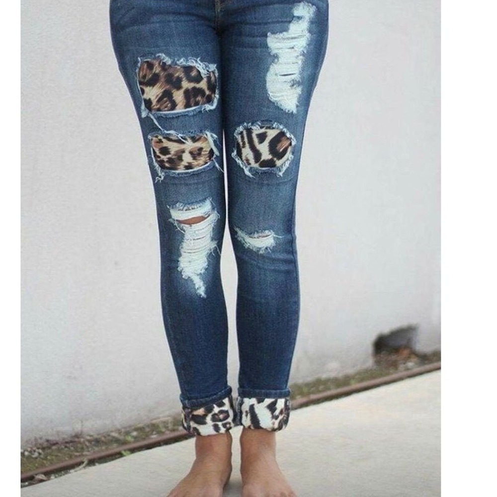 KanCan Safari Soul Skinny Jeans Distressed Leopard Print Patch Dark Wash 7/27 - Picture 4 of 10